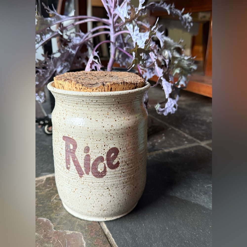 Vintage 1976’ Signed Rustic‘RICE’Glazed Pottery Canister With Primitive Cork Lid